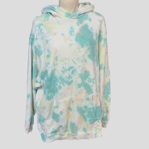 Aerie Tie-Dye White Hoodie Green/Yellow Accents Oversized Distressed Size L